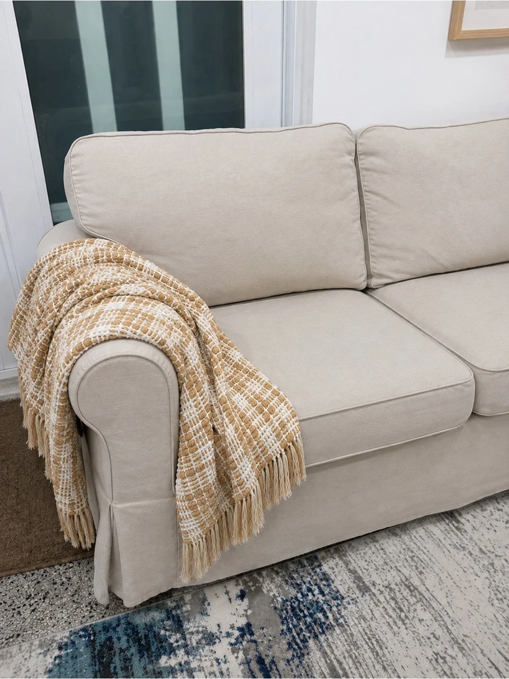 Urban Outfitters Cream and Tan Waffle Fringe Throw. Made in India